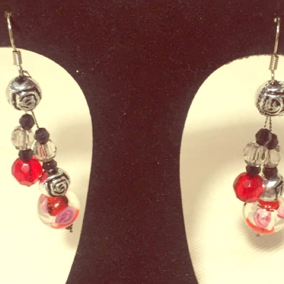 Red black clear BoHo OOAK glass retro pierced dangle sexy RETRO hippie earrings - Picture 6 of 17